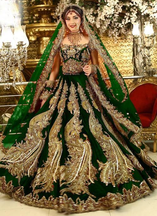 Green and golden bridal dress deals